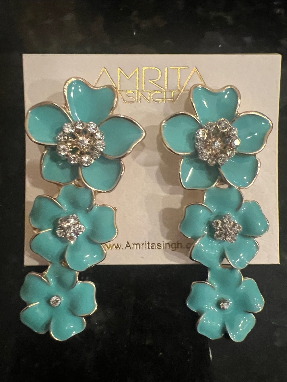 Amrita Singh Aqua Floral Triple Drop Earrings with Crystal Centers